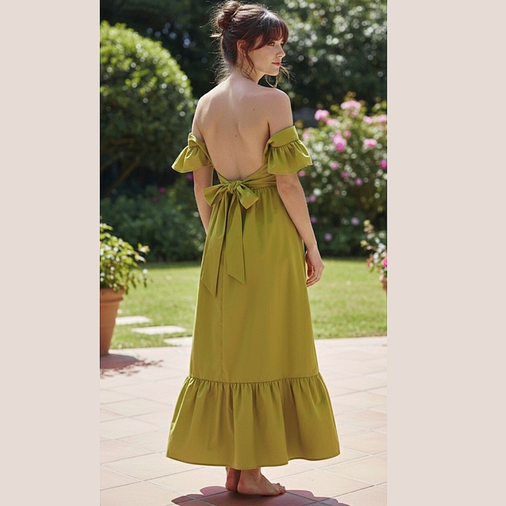 Open Tie Back Flutter Cold Shoulder Green Maxi Pleated Dress